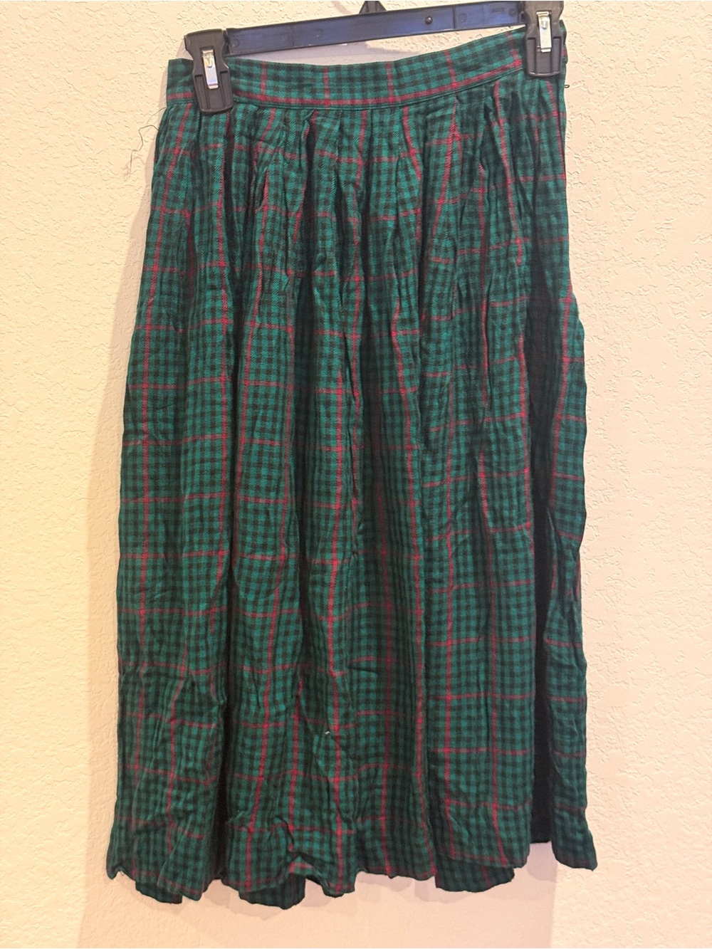 Vintage Green Plaid Midi Skirt with Red Accents